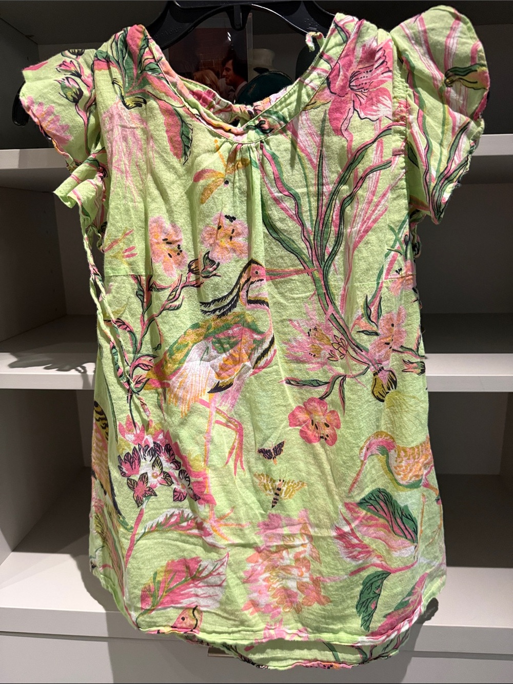 Banjanan Light Green Short Sleeve Top with Pink Floral & Bird Print